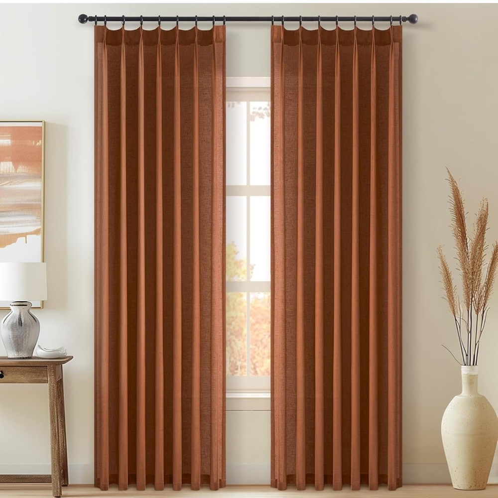 Two Terracotta Pinch Pleated Sheer Curtains Panels - Picture 5 of 6